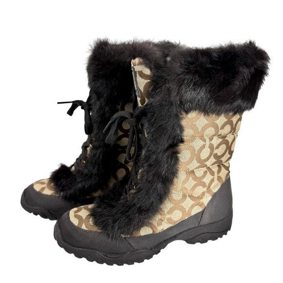 Coach Jennie Signature Fur Trim Lace Up Boots Monogram Khaki Womens 7.5 A7243 - Picture 1 of 9
